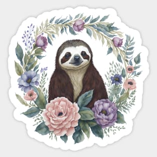 Sloth Portrait with Wreath Of Flowers Watercolor Mothers Day Sticker